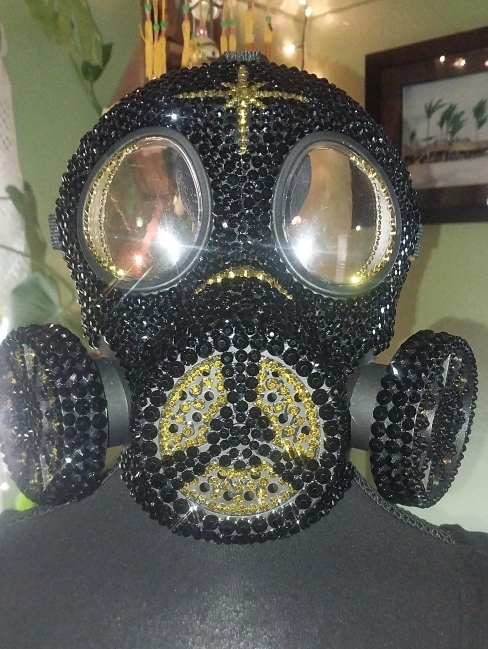 Rhinestone Embellished Decorative Gas Mask - Black & Gold